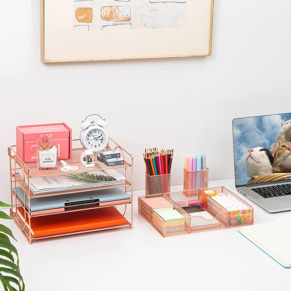 Rose Gold Desktop File Organizer with Drawer & 2 Pen Holders, 4 Tray Letter Paper Desk Organizers and Accessories, Mesh Office Supplies Desk Organizers and Storage, Desk Organization