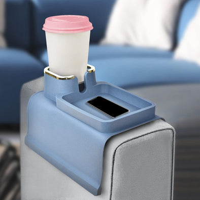 Couch Cup Holder Tray, Non-Slip Sofa Cup Holder, Silicone Couch Cup Holder Caddy with Tray and Cup Holder, Heavy-Duty Sofa Arm Tray for Remote, Cup, Drinks, Cellphone, Blue