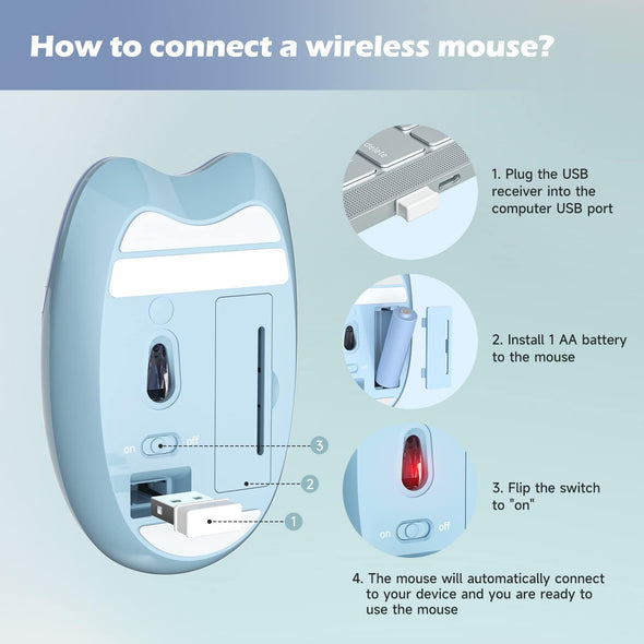 Cute Wireless Mouse, 2.4G Silent Portable Cordless Mouse with USB Receiver, 3 Adjustable DPI, Computer Mobile Optical Mice for Laptop, PC, Mac, Notebook, Chromebook - Blue Colorful