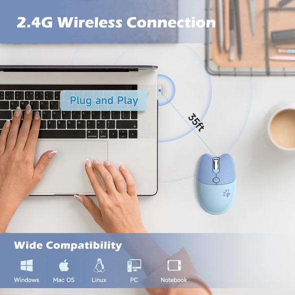 Cute Wireless Mouse, 2.4G Silent Portable Cordless Mouse with USB Receiver, 3 Adjustable DPI, Computer Mobile Optical Mice for Laptop, PC, Mac, Notebook, Chromebook - Blue Colorful