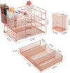 Rose Gold Desktop File Organizer with Drawer & 2 Pen Holders, 4 Tray Letter Paper Desk Organizers and Accessories, Mesh Office Supplies Desk Organizers and Storage, Desk Organization