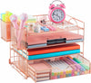 Rose Gold Desktop File Organizer with Drawer & 2 Pen Holders, 4 Tray Letter Paper Desk Organizers and Accessories, Mesh Office Supplies Desk Organizers and Storage, Desk Organization