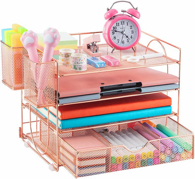 Rose Gold Desktop File Organizer with Drawer & 2 Pen Holders, 4 Tray Letter Paper Desk Organizers and Accessories, Mesh Office Supplies Desk Organizers and Storage, Desk Organization