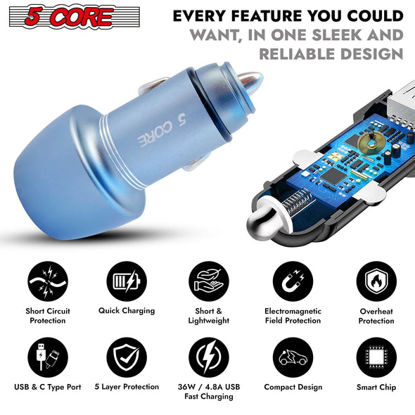 5Core Car Charger USB Type C Adapter 36W Fast Charging Anker Outlet